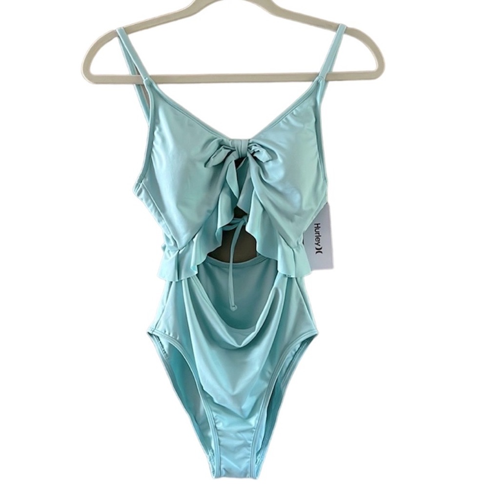 Hurley Cutout Ruffle One Piece Swimsuit NWT Seafoam Blue Green Small NEW